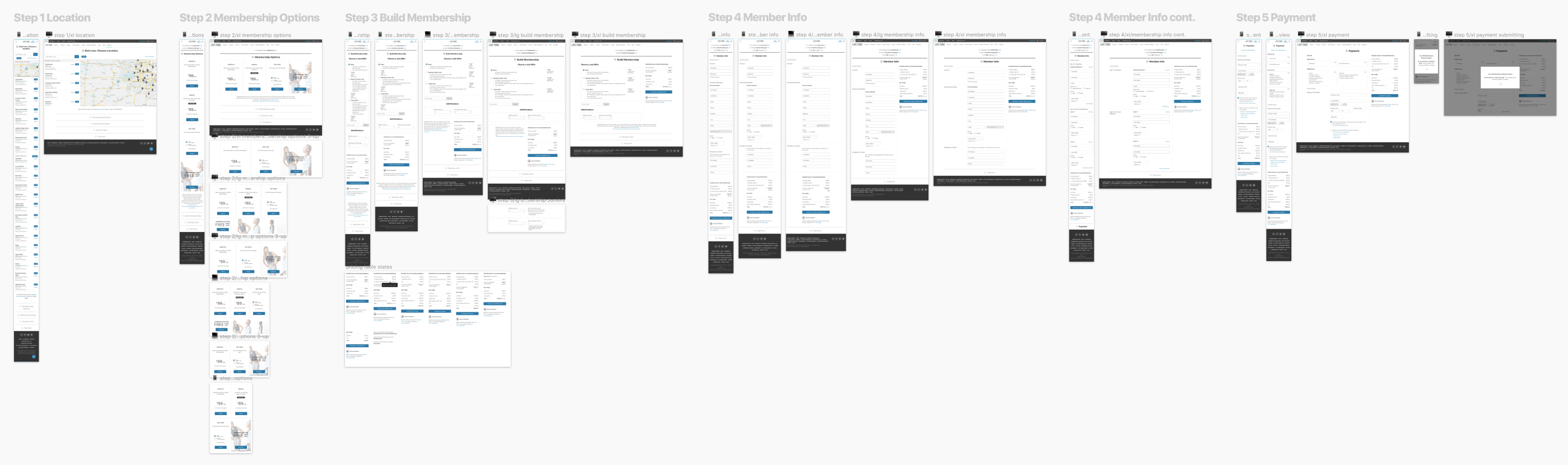 Wireframes of All Steps in the Website at Different Breakpoints